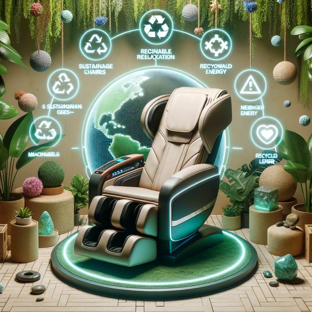 Eco-friendly massage chair surrounded by sustainable symbols.